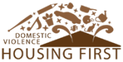 Brown DV Housing First logo: graphics of household items like a car, a pot, a watering can, and a pet over a triangular roof.