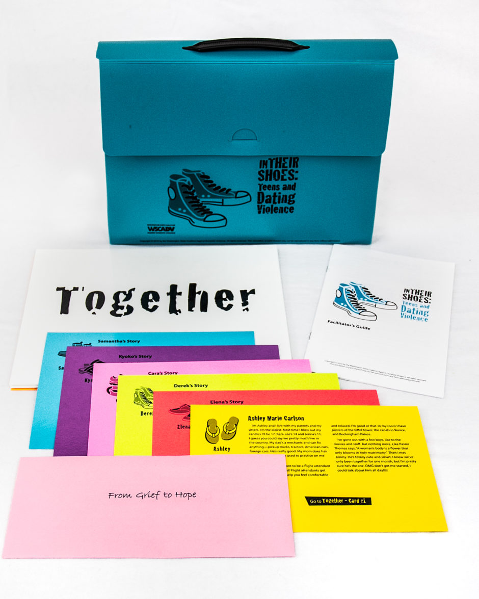 In Their Shoes training kit box with contents displayed, including a station card titled "Together" and color coded character cards.