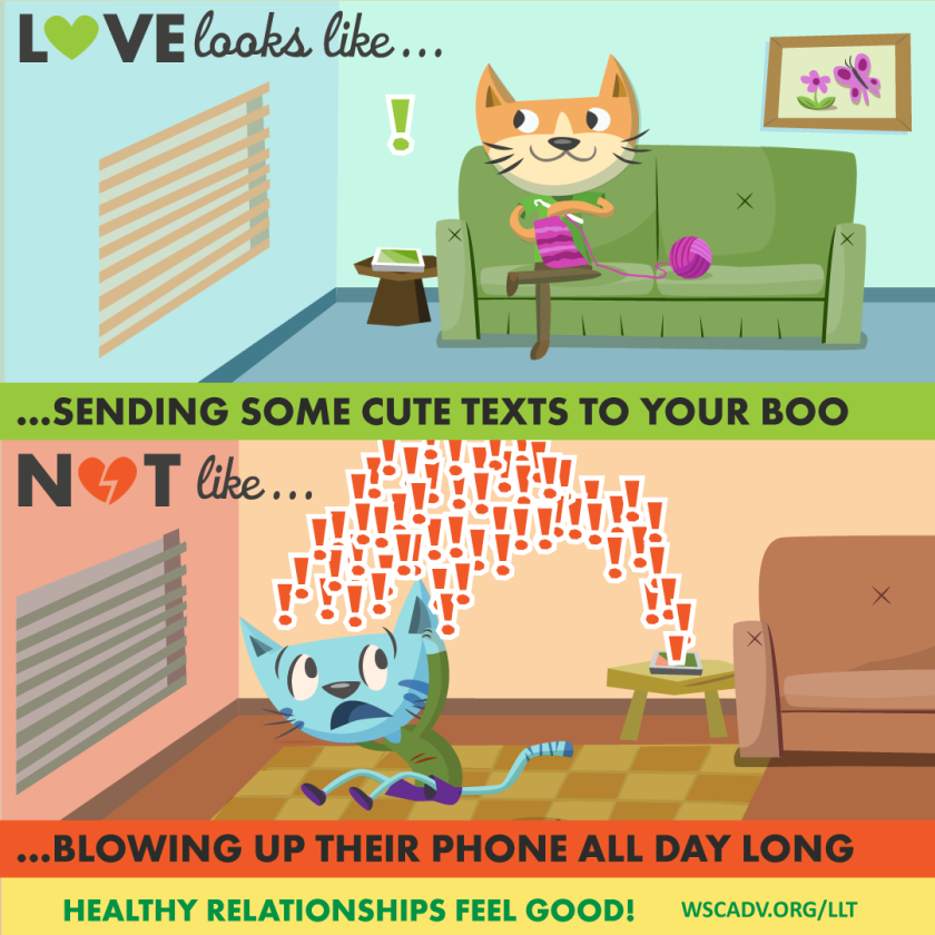 Love Like This graphic with two scenes. The first scene shows a cartoon cat sitting on the couch, knitting. Their phone is next to them with a new text notification and they are smiling. In the second scene, another cat is facing away from their phone, looking worried as they are flooded with texts. The message of this card reads, "Love looks like sending some cute texts to your boo, not like blowing up their phone all day long!"