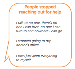 Orange speech bubble graphic with the title "People stopped reaching out for help," in bold text. Underneath there are 3 quotes: "I talk to no one, there's no one I can trust, no one I can turn to and nowhere I can go," "I stopped going to my doctor's office," "I now just keep everything to myself."