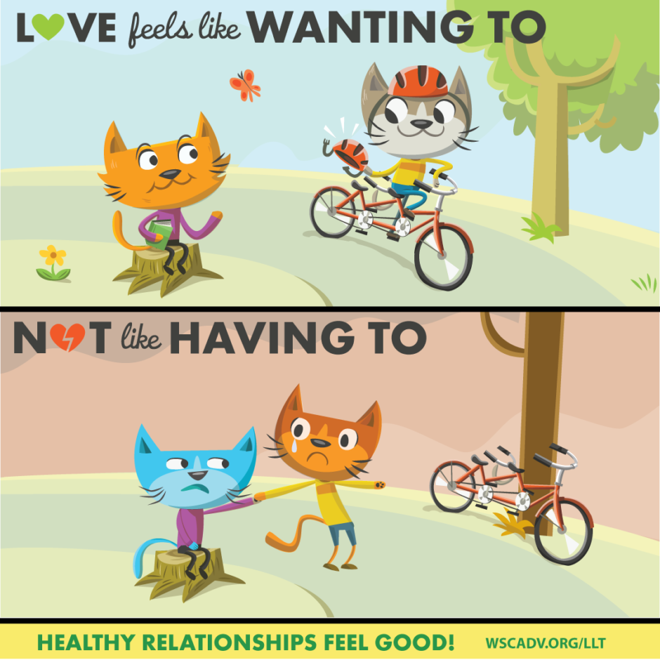 Love Like This cartoon with two scenes. The first scene shows one cat on a tandem bicycle offering a helmet to another cat who is smiling back at them. In the other scene, one cat is pulling another towards the bicycle even though the second cat looks unhappy. The text on the card says "Love feels like wanting to, not like having to."
