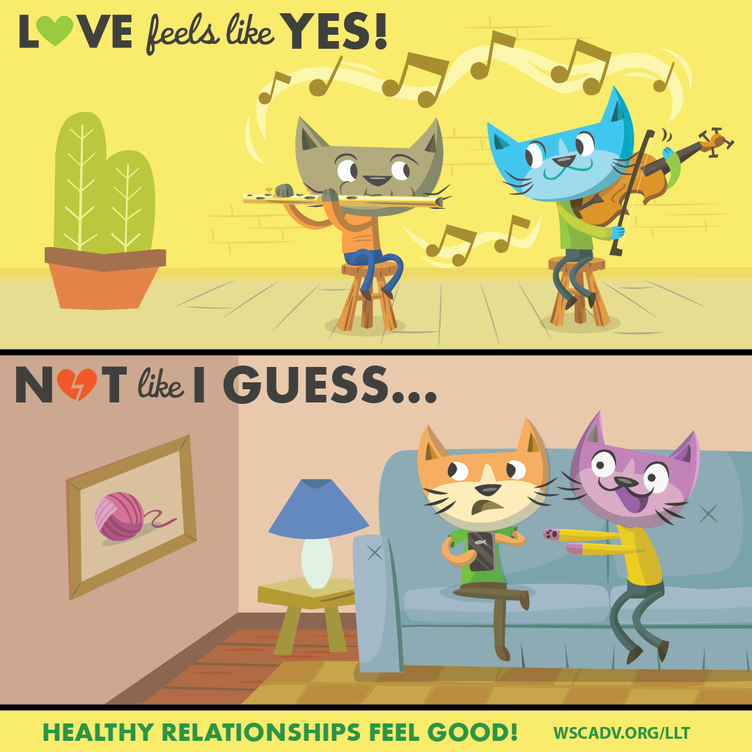 Love Like This Comic with two scenes. The first scene shows two cartoon cats smiling at each other and playing music together. The words, "Love feels like yes!" are above their heads. The second scene shows two cats sitting on a couch together. One is trying to hug the other who is shrugging and looking away. The words, "Not like 'I guess...'" are above them.