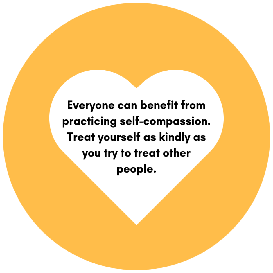 White heart on a yellow background with black text in the center that reads "Everyone can benefit from practicing self-compassion. Treat yourself as kindly as you try to treat other people."