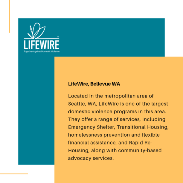 Blue and yellow graphic to highlight LifeWire (Bellevue, WA). The text reads: "Located in the metropolitan area of Seattle, WA. LifeWire is one of the largest domestic violence programs in this area. They offer a range of services, including Emergency Shelter, Transitional Housing, homelessness prevention and flexible financial assistance, and Rapid Re-Housing, along with community-based advocacy services."