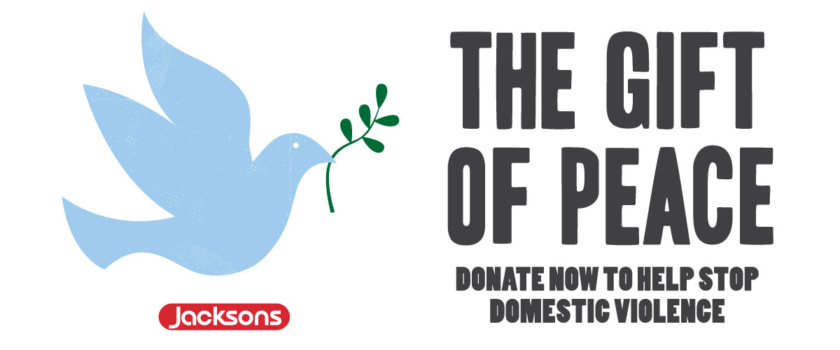 Ad for Jacksons Food Stores Doves Campaign. Image reads: The Gift of Peace: Donate Now to Help Stop Domestic Violence.