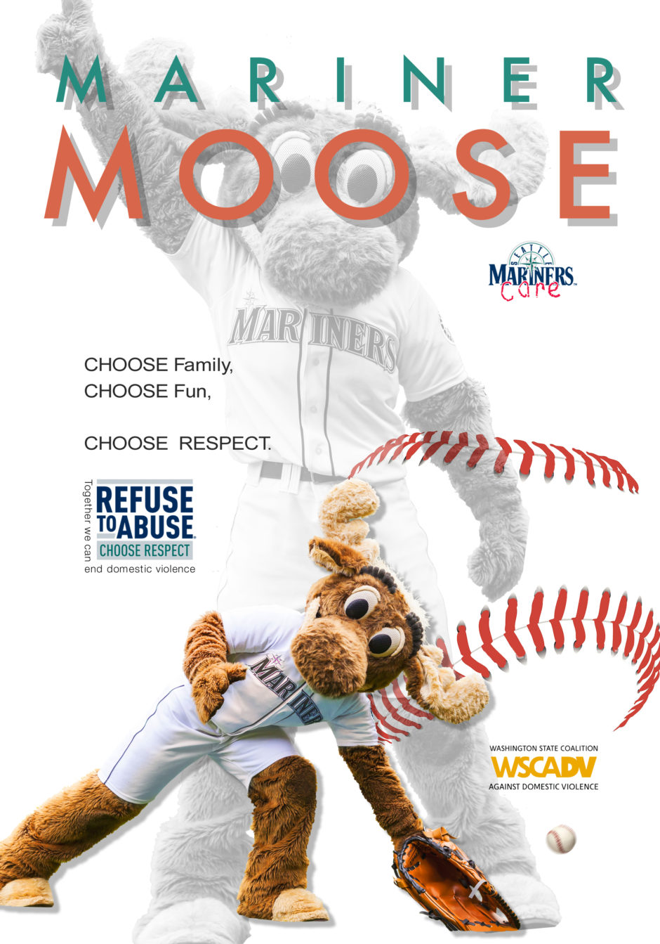 Image of PSA featuring the Mariner Moose with text "Choose Family, Choose Fun, Choose Respect"
