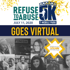 Refuse To Abuse 5K logo with the text "Goes Virtual" and photos of people who have signed up for the event