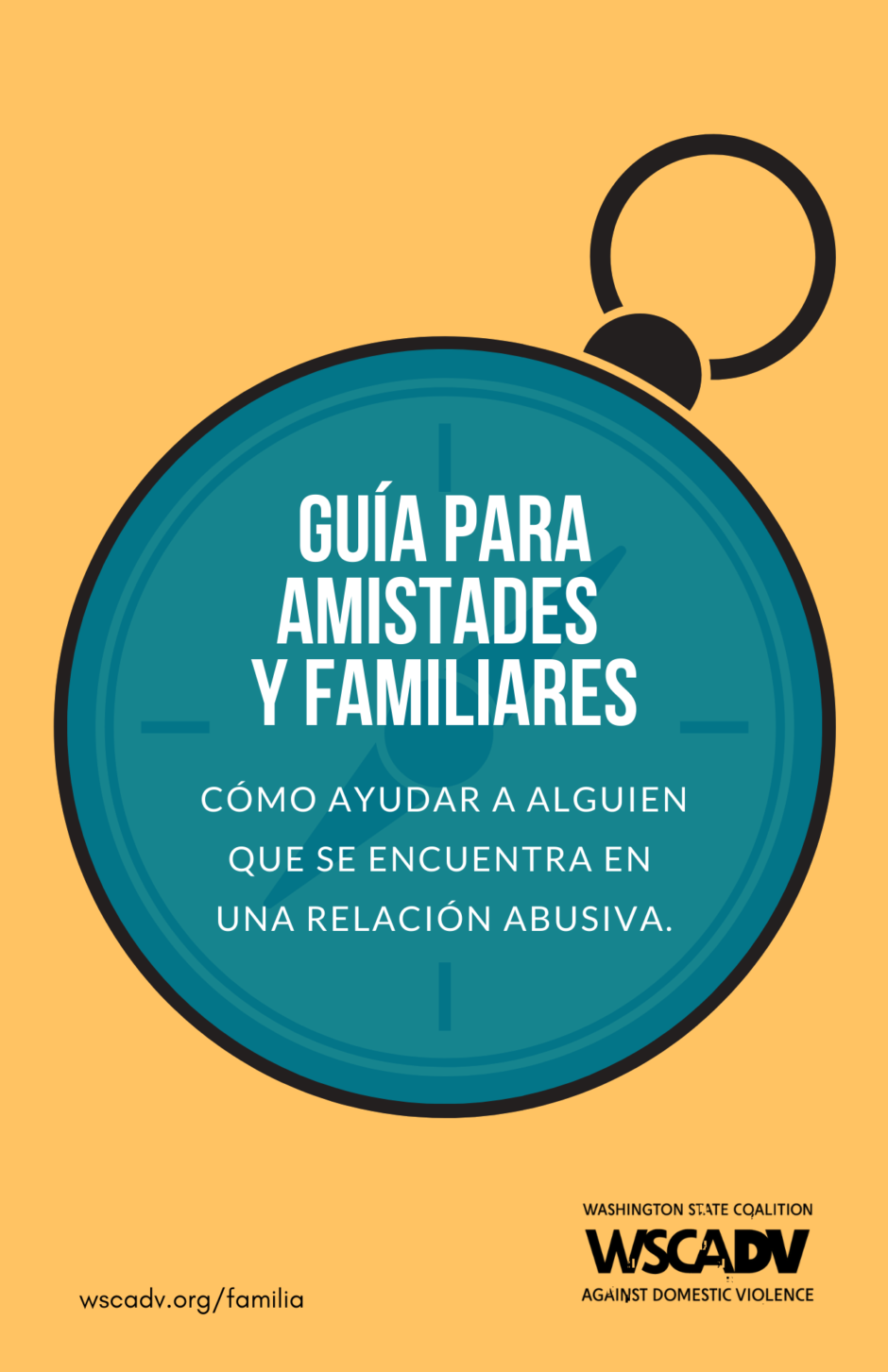 Cover of the Spanish Friends & Family Guide: Guía-para-amistades-y-familiares. There is a blue compass over a yellow background and white text.