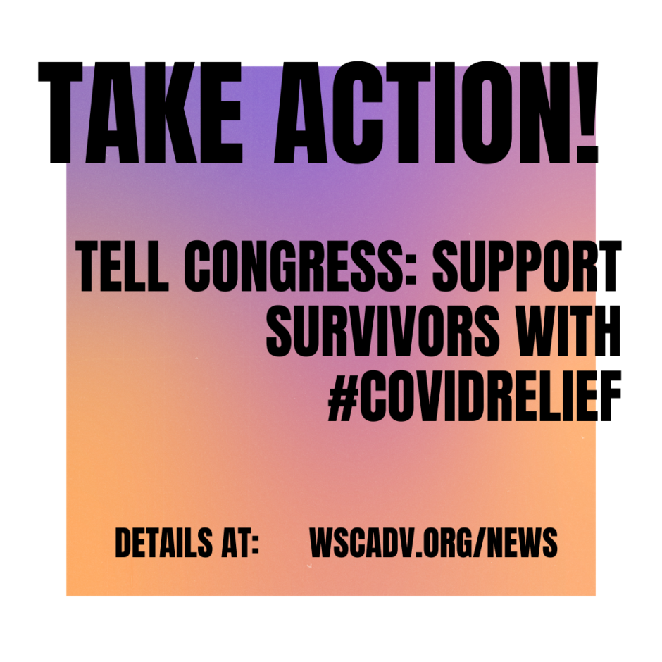 Square image with purple and orange background and the text "Take Action! Tell Congress: Support Survivors with #CovidRelief"