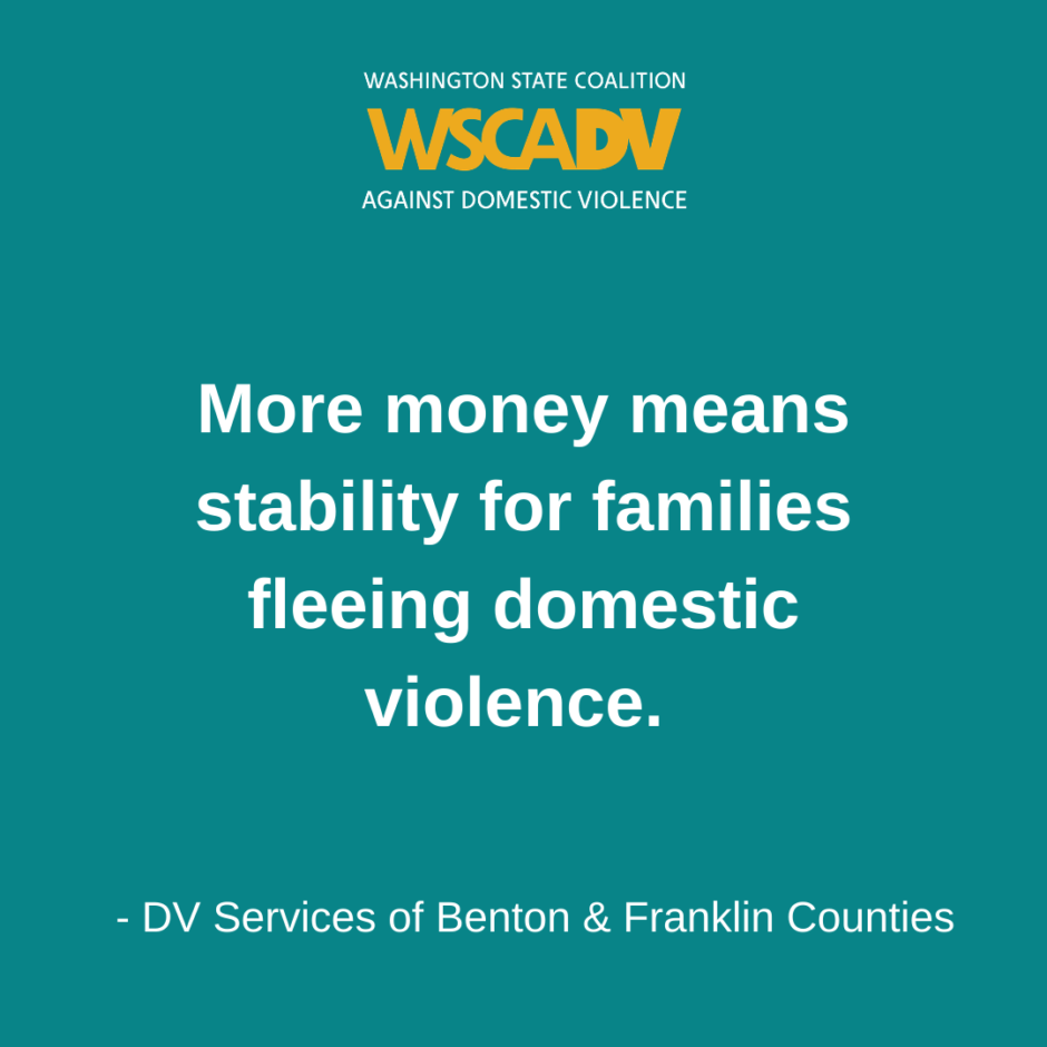 Teal background with WSCADV logo and text "More money means stability for families fleeing domestic violence. - DV Services of Benton & Franklin Counties"