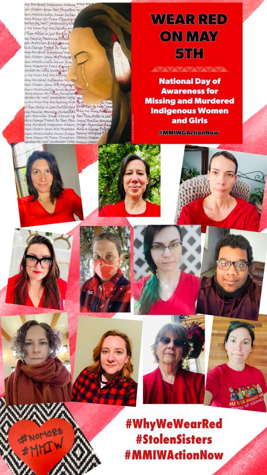 Red, white, and black graphic for the National Day of Awareness for Missing and Murdered Indigenous Women and Girls. There are selfies of several people all wearing red in solidarity.