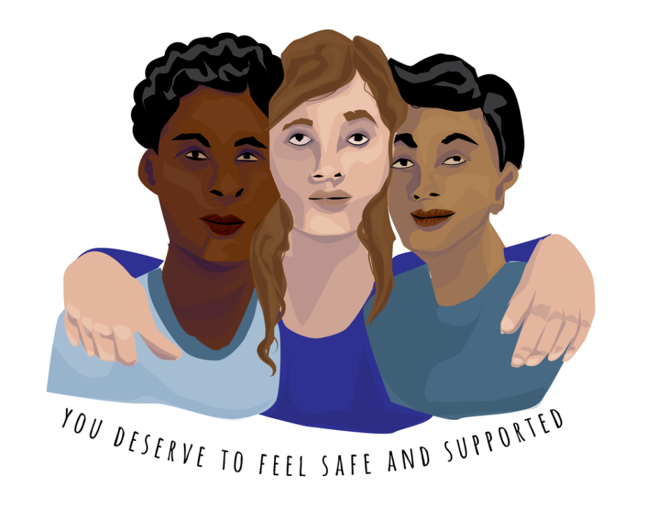 Three people hugging with the caption "You deserve to feel safe and supported"