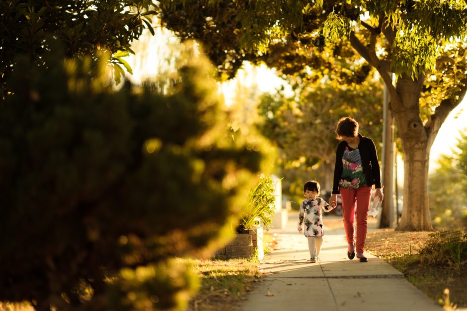 Photo of a woman and child walking hand in hand down a tree lined sidewalk.