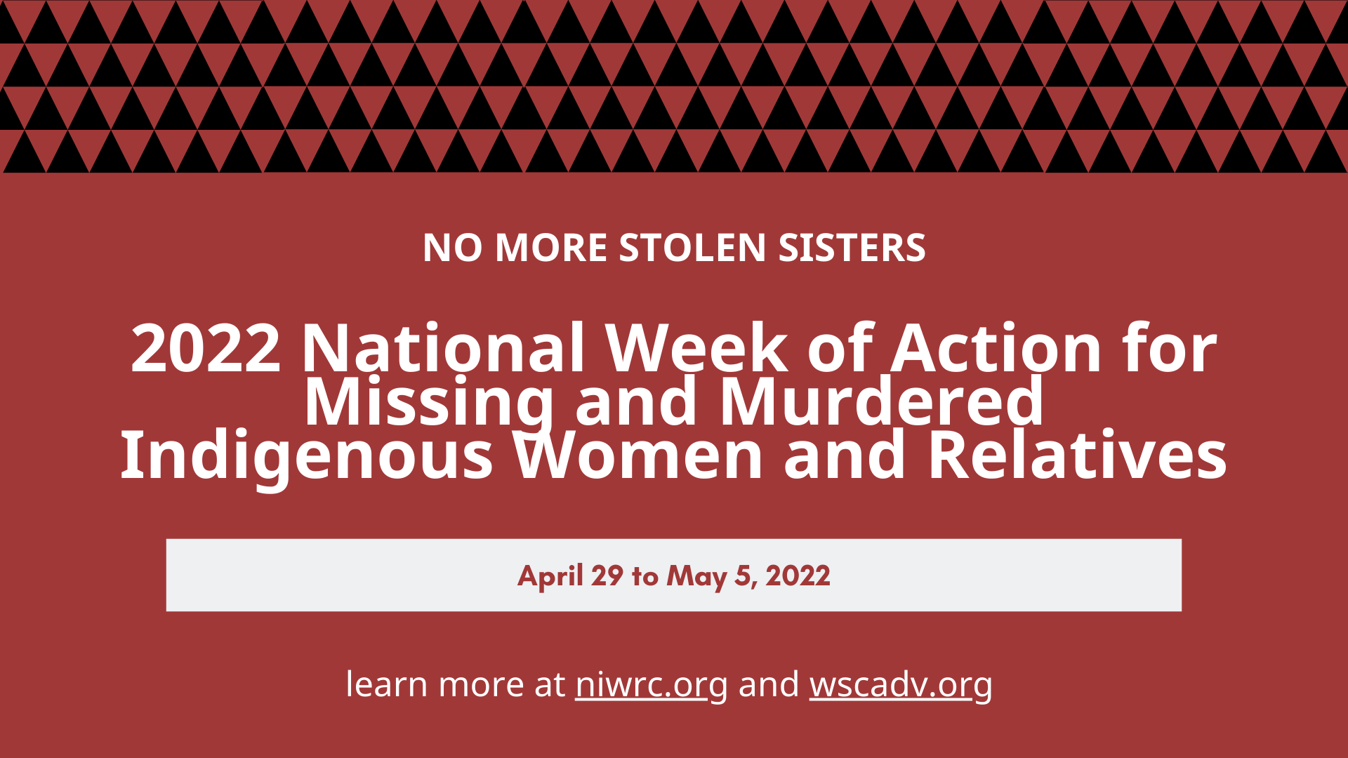 Red background with text that says 'No more stolen sisters, 2022 national week of action for Missing and Murdered Indigenous Women and Relatives, April 29-May 5, learn more at niwrc.org and wscadv.org