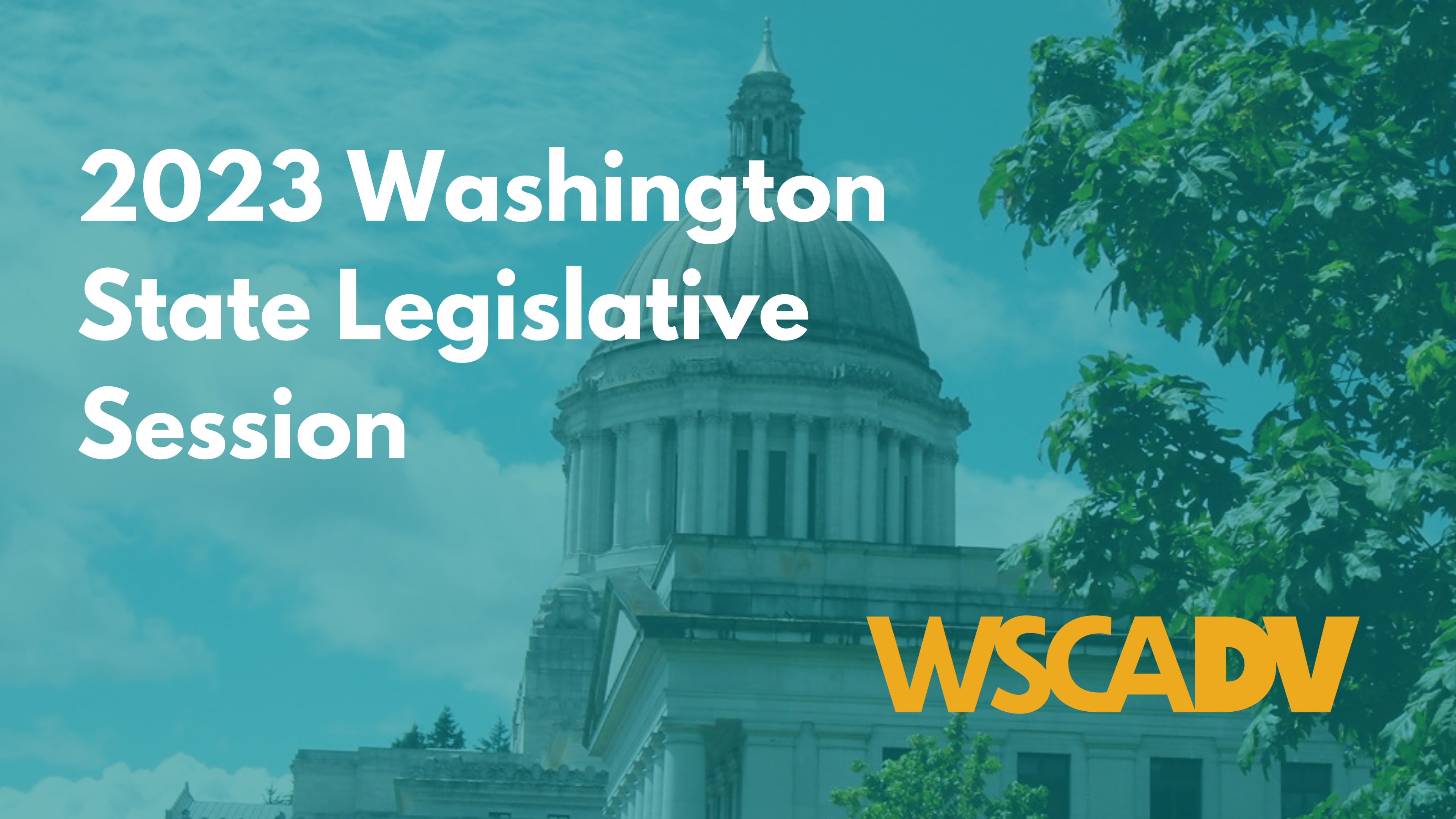 The WA State Capitol Building is in the background with white text that says "2023 Washington State Legislative Session." The gold WSCADV logo is in the lower right corner.
