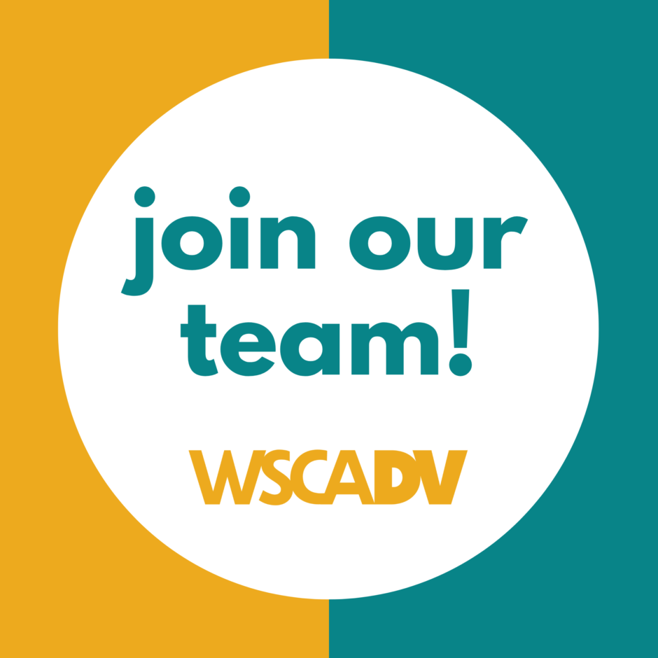 A yellow and teal background with a white circle in the center that says 'join our team!' with the WSCADV logo.
