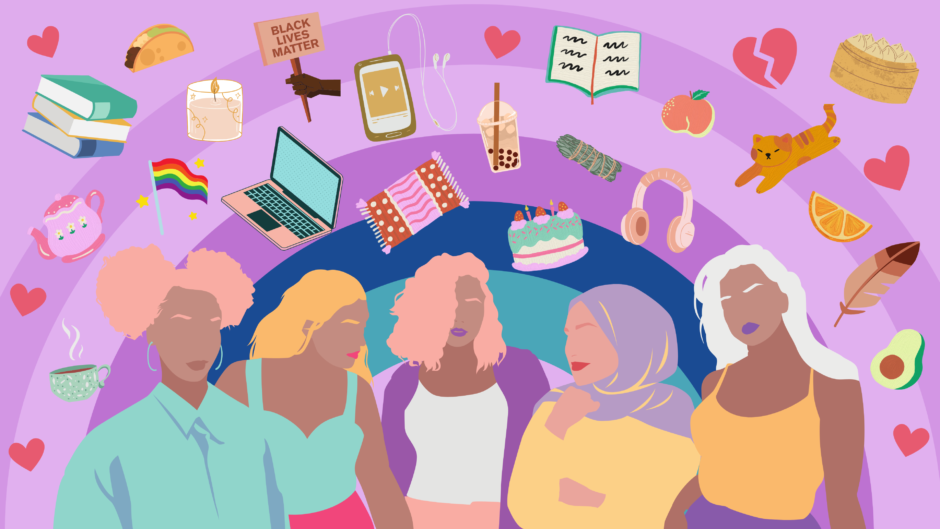 An illustration of five femme people of color with all kinds of little images floating above their heads, such as books, boba tea, a cat, avocado, hearts, soup dumplings, and more.