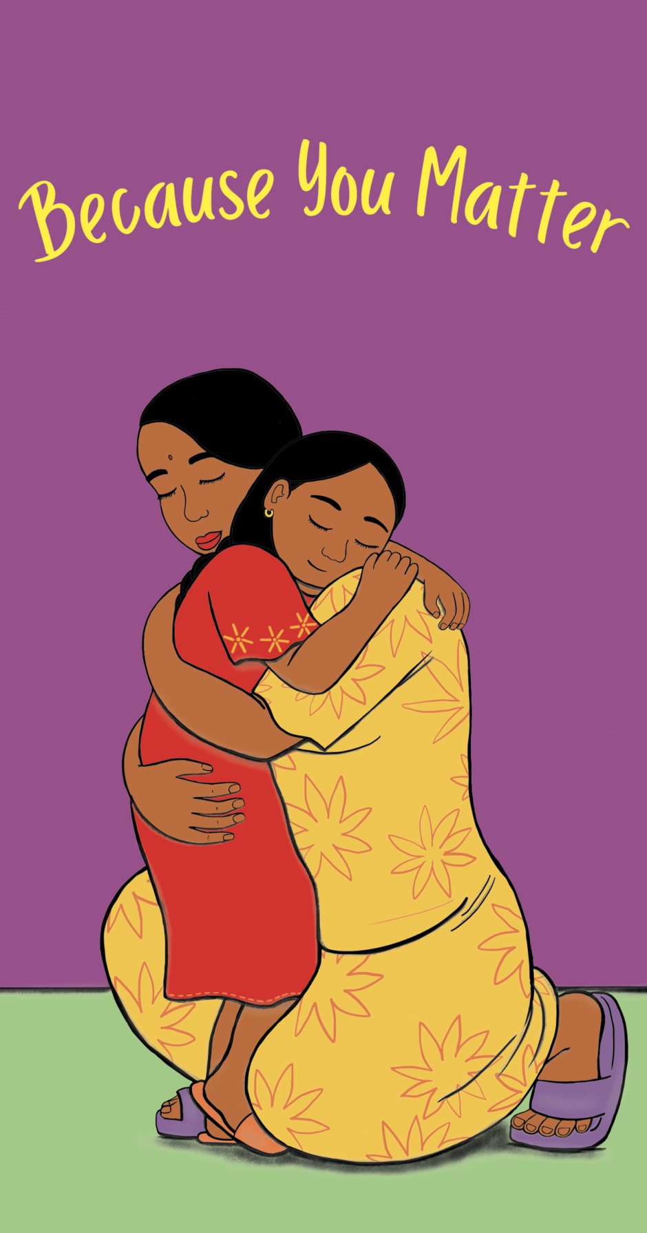 Illustration of a woman kneeling on the ground to hug a young girl. The woman is wearing a yellow dress with a pink design on it and the girl is wearing a red dress with yellow flowers on the sleeve. They both have black hair and medium-deep skin tones.