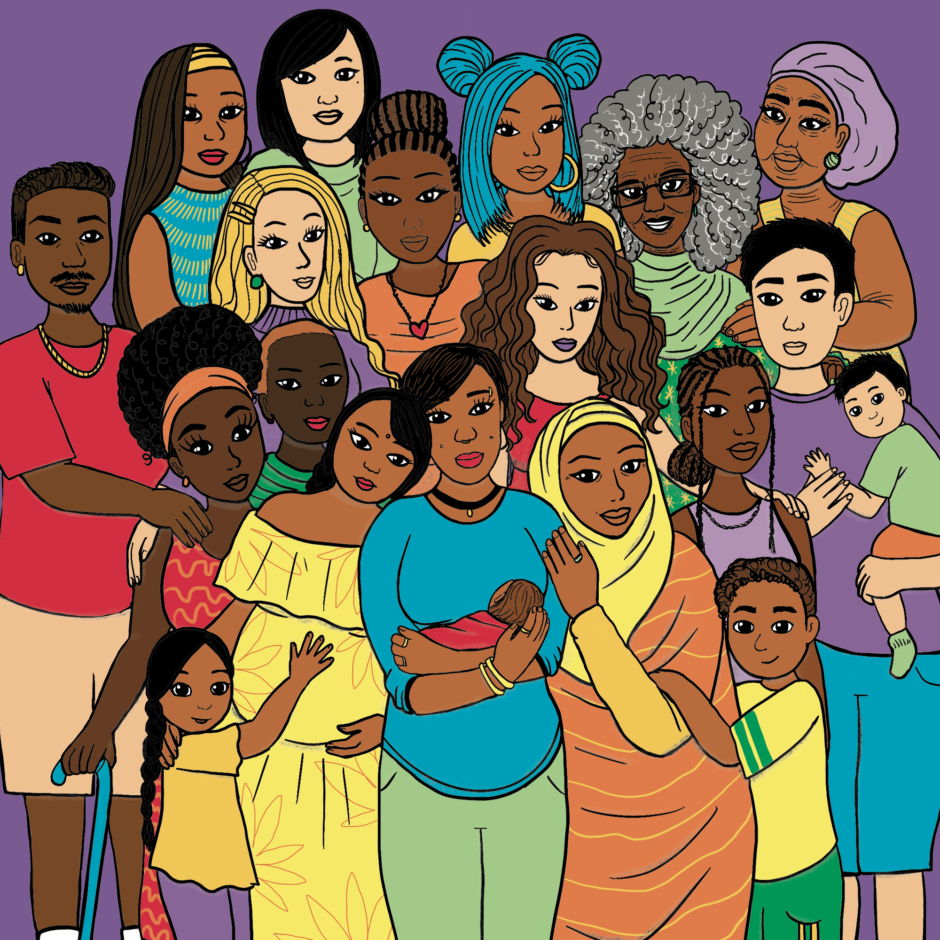 Brightly colored illustration of a diverse group of people of different skin tones, ages, hairstyles, and dress. Everyone is smiling and they are standing with their arms around each other. 