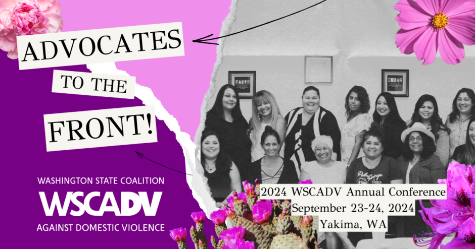 Purple graphic with pink and green florals, group of advocates in black and white, text provided below