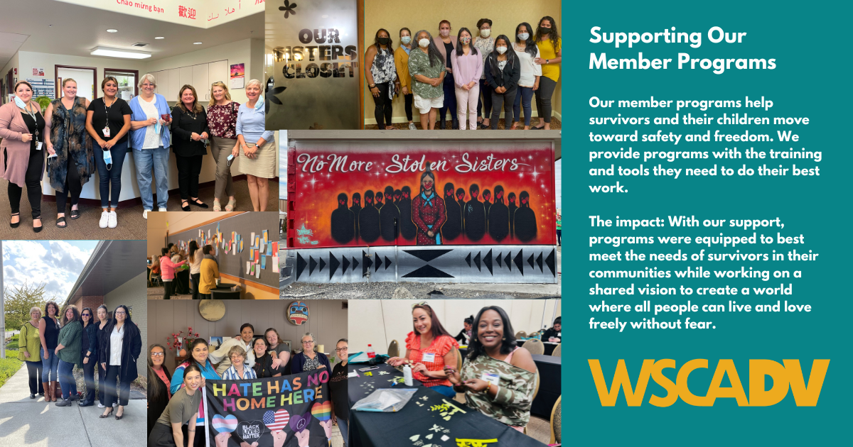 A photo collage of staff members and art from WSCADV member programs. Image text provided below.