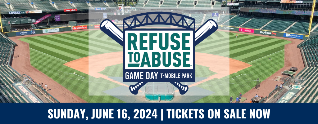 Refuse to Abuse logo on baseball stadium photo. Link to registration page. 