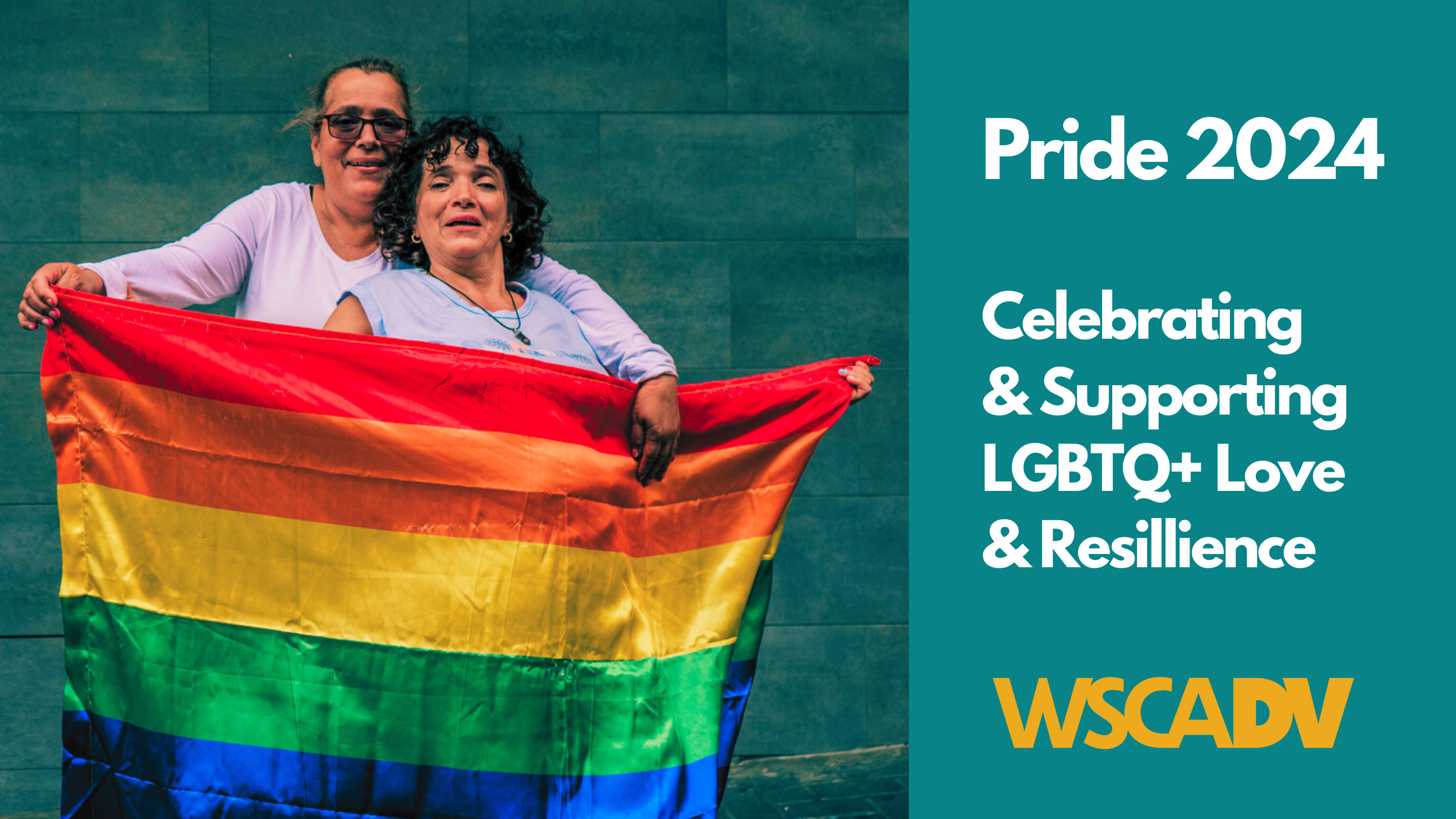 Two women in their fifties stand together holding a rainbow LGBTQ Pride flag and smiling. Pride 2024: Celebrating and Supporting LGBTQ Love and Resillience