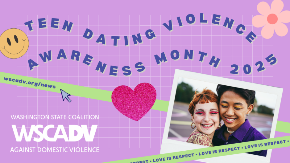 Teen Dating Violence Awareness Month 2023 banner in purple and green with two young women smiling.