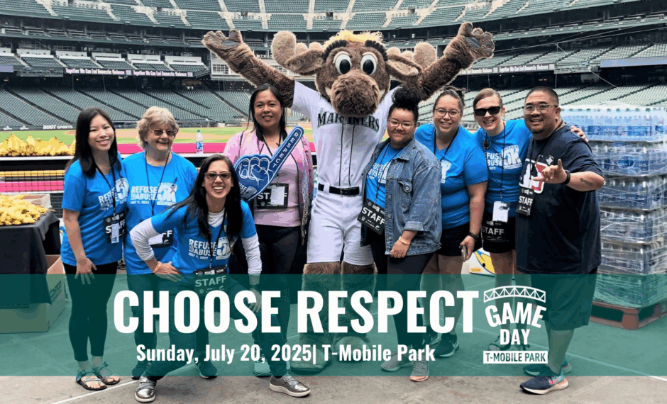 WSCADV staff and board at T Mobile park smiling with Mariners Moose mascot. Text reads: Choose Respect Game Day July 20, 2025