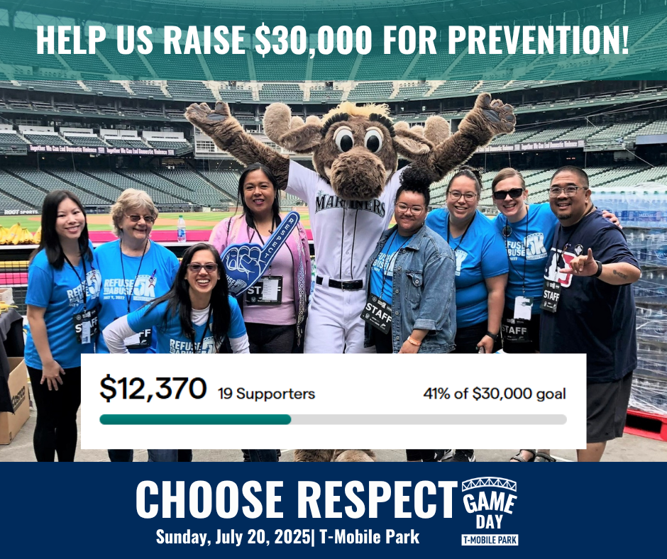 WSCADV staff and board members standing together and smiling with the Mariners Moose mascot at T-Mobile Park. 19 supporters have raised 41% of $30,000 fundraising goal.