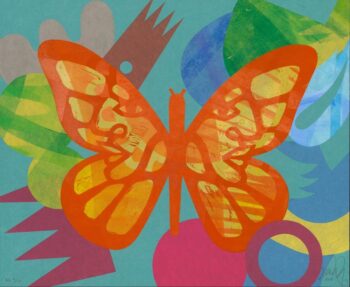 image of orange butterfly with blue, green, red and pink in the background
